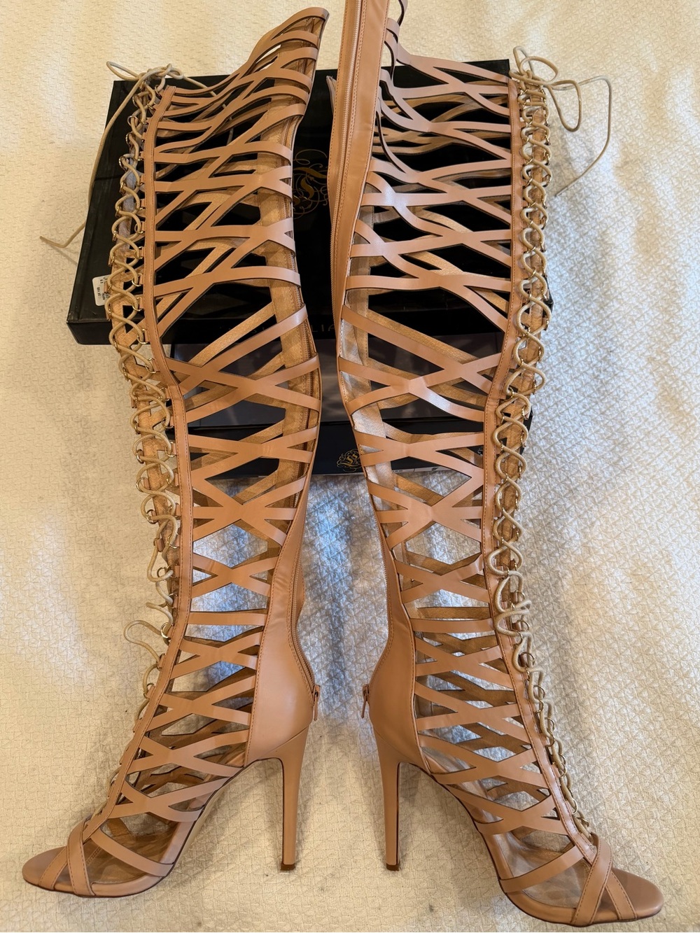 Miss L by Liliana Women's Tan Lace-Up Gladiator Stiletto Over the Knee Sandals
